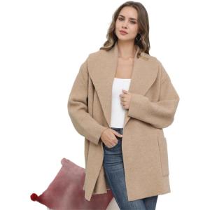 imageCHICWISH Women Wide Collar Open Front Knit Cardigan Coat Fall Winter Shawl Knit Sweater Coat Outwear with PocketsCamel