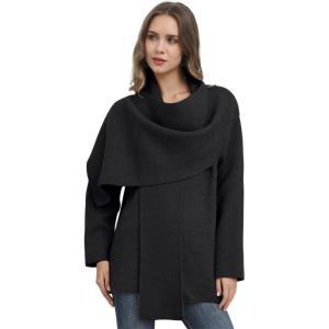 imageCHICWISH Women Wrap ScarfCollar Open Front Knit Coat Fall Winter Fashion Long Sleeve Solid Knit Elegant PeacoatBlack