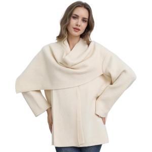 imageCHICWISH Women Wrap ScarfCollar Open Front Knit Coat Fall Winter Fashion Long Sleeve Solid Knit Elegant PeacoatIvory