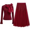 imageCHICWISH Women Bow Tied Slim Fitted Elegant Long Sleeve Knit Top and Sequins Tulle Holiday Flowy Skirts XXLXXXL