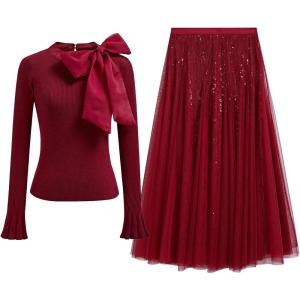 imageCHICWISH Women Bow Tied Slim Fitted Elegant Long Sleeve Knit Top and Sequins Tulle Holiday Flowy Skirts XXLXXXL