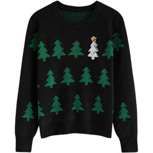 imageCHICWISH Women Sequined Christmas Tree Print Knit Sweater Crewneck Holiday Party Sweaters Long Sleeve Pullover TopsBlack