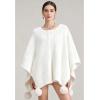 imageCHICWISH Women Adorable Fuzzy Knit PomPom Poncho Fall Winter Casual Soft Batwing Sleeve Shawl Wraps Cloak Cape Coat White