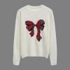 imageCHICWISH Women Christmas Tartan Bow Knit Sweater Crewneck Long Sleeve Casual Holiday Party Ribbed Pullover Tops JumpersWhite