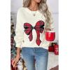 imageCHICWISH Women Christmas Tartan Bow Knit Sweater Crewneck Long Sleeve Casual Holiday Party Ribbed Pullover Tops JumpersWhite