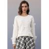 imageCHICWISH Women Diamond Pattern Knit Sweater Cute BowDecor Fall Winter Crewneck Long Sleeve Casual Knit Pullover TopsWhite