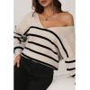 imageCHICWISH Women Striped Pattern Cutout Back Bow Tie Ribbed Knit Sweater V Neck Long Sleeve Casual Pullover Sweater TopsSand