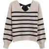 imageCHICWISH Women Striped Pattern Cutout Back Bow Tie Ribbed Knit Sweater V Neck Long Sleeve Casual Pullover Sweater TopsSand