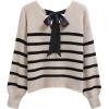 imageCHICWISH Women Striped Pattern Cutout Back Bow Tie Ribbed Knit Sweater V Neck Long Sleeve Casual Pullover Sweater TopsSand