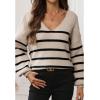 imageCHICWISH Women Striped Pattern Cutout Back Bow Tie Ribbed Knit Sweater V Neck Long Sleeve Casual Pullover Sweater TopsSand