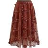 imageCHICWISH Women 3D Floral Embroidered Tulle Skirt Flare A Line High Elastic Waist Mesh DoubleLayered Holiday Midi SkirtRust