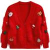 imageCHICWISH Women Christmas Elements Pattern Fluffy Knit Cardigan V Neck Long Sleeve Button Down Holiday Sweaters CardiganRed
