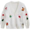 imageCHICWISH Women Christmas Elements Pattern Fluffy Knit Cardigan V Neck Long Sleeve Button Down Holiday Sweaters CardiganWhite