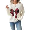 imageCHICWISH Women Christmas Tartan Bow Knit Sweater Crewneck Long Sleeve Casual Holiday Party Ribbed Pullover Tops JumpersWhite