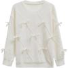 imageCHICWISH Women Diamond Pattern Knit Sweater Cute BowDecor Fall Winter Crewneck Long Sleeve Casual Knit Pullover TopsWhite