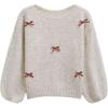 imageCHICWISH Women Plaid Bow Embellished Knit Sweater Crewneck Puff Sleeve Casual Fuzzy Holiday Party Knit Pullover TopsOatmeal