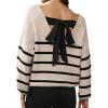 imageCHICWISH Women Striped Pattern Cutout Back Bow Tie Ribbed Knit Sweater V Neck Long Sleeve Casual Pullover Sweater TopsSand