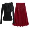 imageCHICWISH Womens Fancy with Bowknot Knit Top and Sequins Tulle Skirts Elastic Waist Mesh Midi Holiday Flowy Layered Red Skirt LXL