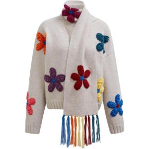 imageCHICWISH Women 3D Colorful Crochet Flower Pattern Knit Cardigan V Neck Long Sleeve Casual Sweater Coats with Tassel ScarfSand