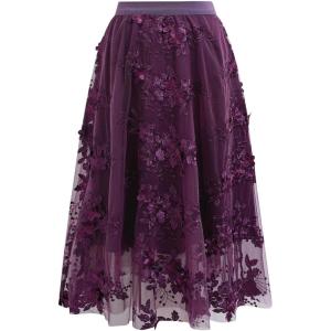 imageCHICWISH Women 3D Floral Embroidered Tulle Skirt Flare A Line High Elastic Waist Mesh DoubleLayered Holiday Midi SkirtPlum