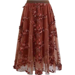 imageCHICWISH Women 3D Floral Embroidered Tulle Skirt Flare A Line High Elastic Waist Mesh DoubleLayered Holiday Midi SkirtRust