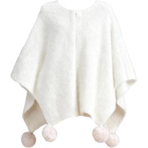 imageCHICWISH Women Adorable Fuzzy Knit PomPom Poncho Fall Winter Casual Soft Batwing Sleeve Shawl Wraps Cloak Cape Coat White