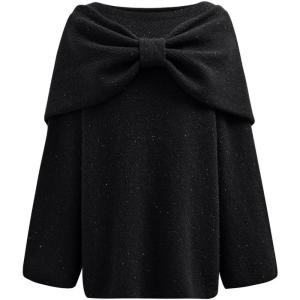 imageCHICWISH Women Bowknot 2 Pieces Mini Sweater Dress Boat Neck Long Sleeve Cute Metallic Mix Party Knit Pullover SweaterBlack
