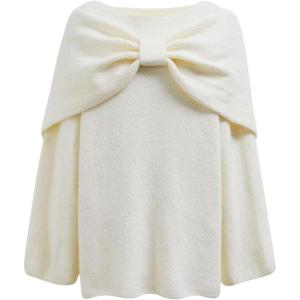 imageCHICWISH Women Bowknot 2 Pieces Mini Sweater Dress Boat Neck Long Sleeve Cute Metallic Mix Party Knit Pullover SweaterCream