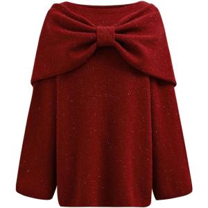 imageCHICWISH Women Bowknot 2 Pieces Mini Sweater Dress Boat Neck Long Sleeve Cute Metallic Mix Party Knit Pullover SweaterRed