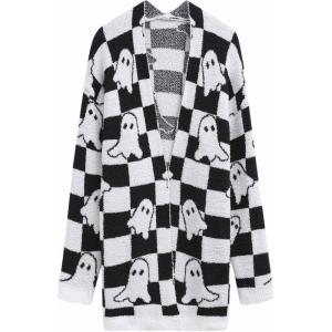 imageCHICWISH Women Checkered Ghosts Print Open Front Knit Cardigan Casual Long Sleeve Halloween Party Knit Sweater CoatsWhite