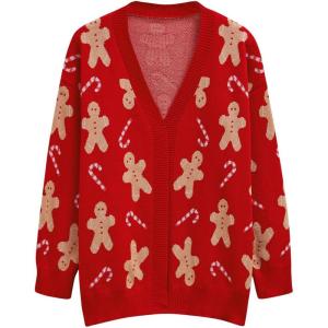 imageCHICWISH Women Christmas Cardigan Gingerbread Man Print Open Front Knit Sweaters V Neck Long Sleeve Cropped CoatsRed