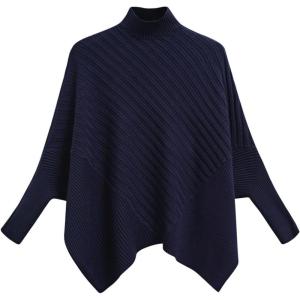 imageCHICWISH Women Contrast Ribbed Knit Sweater Mock Neck Batwing Sleeve Oversized Pullover Tops Casual Cape PonchoNavy
