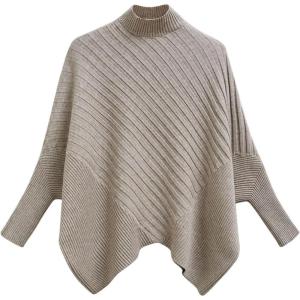 imageCHICWISH Women Contrast Ribbed Knit Sweater Mock Neck Batwing Sleeve Oversized Pullover Tops Casual Cape PonchoOatmeal
