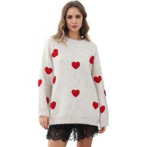 imageCHICWISH Women Fuzzy Hearts Knit Sweater Long Sleeve Round Neck Valentines Day Party Loose Soft Pullover Sweater TopOatmeal