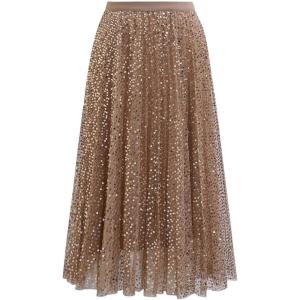 imageCHICWISH Women Gilded Glow Sequin Embellished Print Tulle Tutu Skirt Aline Elastic Waist Mesh DoubleLayered Midi SkirtGold