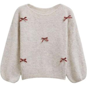 imageCHICWISH Women Plaid Bow Embellished Knit Sweater Crewneck Puff Sleeve Casual Fuzzy Holiday Party Knit Pullover TopsOatmeal