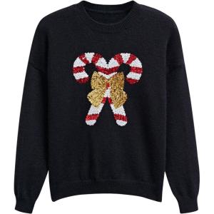imageCHICWISH Women Sequin Bowknot Candy Cane Print Knit Christmas Sweater Crewneck Long Sleeve Holiday Sweaters PulloverBlack