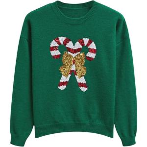 imageCHICWISH Women Sequin Bowknot Candy Cane Print Knit Christmas Sweater Crewneck Long Sleeve Holiday Sweaters PulloverGreen