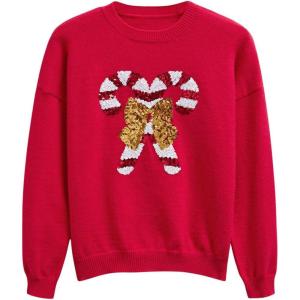 imageCHICWISH Women Sequin Bowknot Candy Cane Print Knit Christmas Sweater Crewneck Long Sleeve Holiday Sweaters PulloverRed