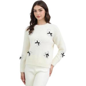 imageCHICWISH Women Sequin Heart Bowknot Knit Sweater Crewneck Long Sleeve Soft Fall Fashion Romantic Pullover Jumper TopIvory