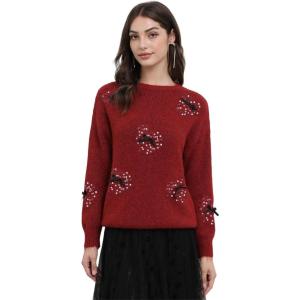 imageCHICWISH Women Sequin Heart Bowknot Knit Sweater Crewneck Long Sleeve Soft Fall Fashion Romantic Pullover Jumper TopRed