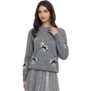 imageCHICWISH Women Sequin Heart Bowknot Knit Sweater Crewneck Long Sleeve Soft Fall Fashion Romantic Pullover Jumper TopSmoke