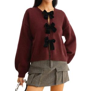 imageCHICWISH Women Velvet BowEmbellished Knit Cardigan Trendy Fall Winter Crewneck Long Sleeve Button Sweater CoatsPlum