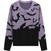 imageCHICWISH Women Nightly Bats Print Knit Sweater Casual Crewneck Long Sleeves Sweatershirt Halloween Party Pullover TopsPurple
