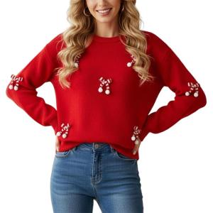 imageCHICWISH Women 3D Bowknot PomPom Merry Christmas Knit Sweater Cute Crew Neck Long Sleeve Holiday Party Pullover TopRed