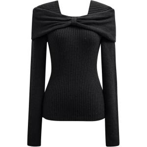 imageCHICWISH Women Bowknot Ribbed Knit Sweater Square Neck Long Sleeve Slim Fitted Fall Fashion Casual Pullover TopsBlack