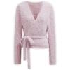 imageCHICWISH Women Fuzzy V Neck Wrap Knit Top Tie Waist Knot Long Sleeve Soft Pullover Sweater Casual Fall Winter Solid TopLight Pink