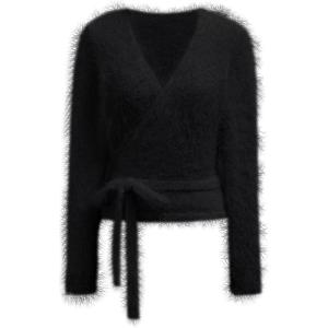 imageCHICWISH Women Fuzzy V Neck Wrap Knit Top Tie Waist Knot Long Sleeve Soft Pullover Sweater Casual Fall Winter Solid TopBlack