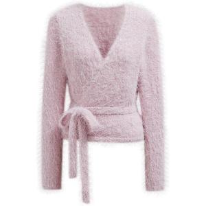 imageCHICWISH Women Fuzzy V Neck Wrap Knit Top Tie Waist Knot Long Sleeve Soft Pullover Sweater Casual Fall Winter Solid TopLight Pink