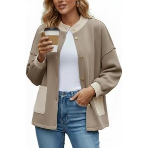 imageDisamer Jackets for Women Fall Fashion 2025 Casual Bomber Jacket Varsity Lantern Long Sleeve Outerwear Button Down CoatColorblock Khaki